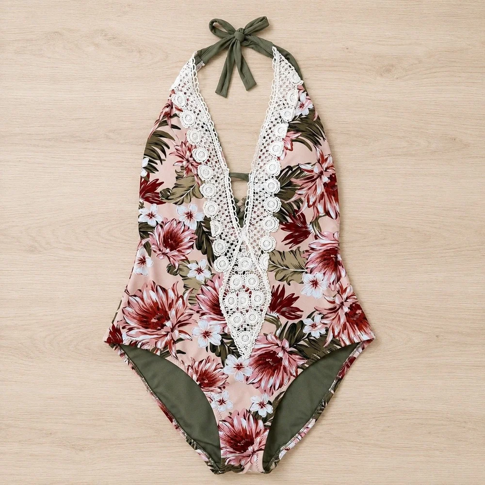 Kona Sol Floral One Piece Swimsuit M Pink Green Crochet Lace Halter Boho Coastal